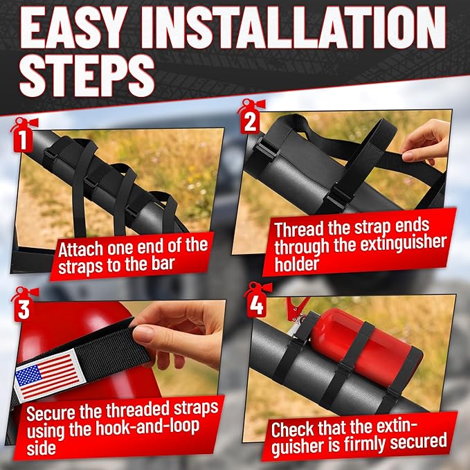 Fire Extinguisher Mount for Vehicle - Adjustable Nylon Strap Fix, No-Drill, Roll Bar Mount, Quick Release | Fits 3 lb Extinguishers - Fire Extinguisher Holder for Car, Boat, UTV, & Off-Road Vehicles