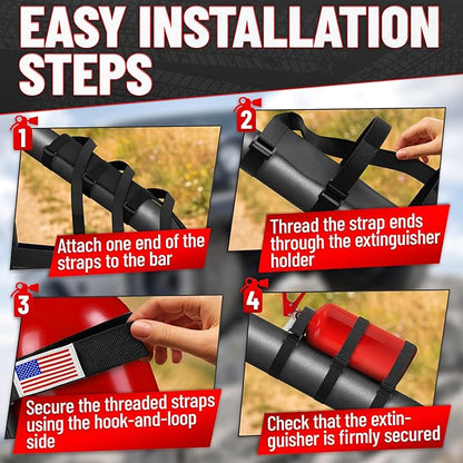Fire Extinguisher Mount for Vehicle - Adjustable Nylon Strap Fix, No-Drill, Roll Bar Mount, Quick Release | Fits 3 lb Extinguishers - Fire Extinguisher Holder for Car, Boat, UTV, & Off-Road Vehicles