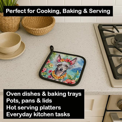 Caroline's Treasures Chinese Crested Luau Pair of Pot Holders Kitchen Heat Resistant Pot Holders Sets Oven Hot Pads for Cooking Baking BBQ, 7 1/2 x 7 1/2