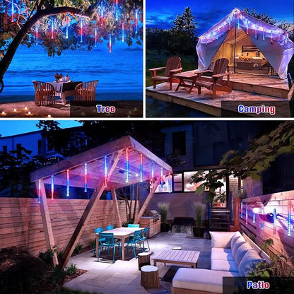 JMEXSUSS Red White and Blue Solar Lights, 8 Tube 144 LEDs | Patriotic Solar Meteor Shower Lights Waterproof for Independence Day, Gardens, Tree, Outdoor 4th of July Decorations