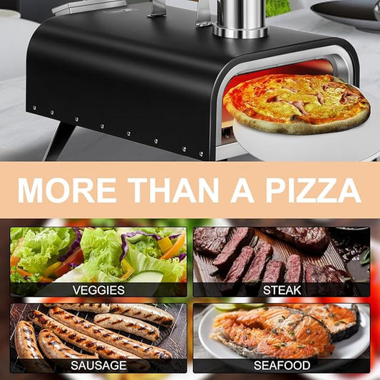 Outdoor Wood Fired Gas 12'' Pizza Oven Multi-Fuel, Gas Burner, Wood Tray, Portable, Oven Grill, Outside, Backyard, Pizza Maker, oven gloves, Peel, Cutter (Gas Fire)