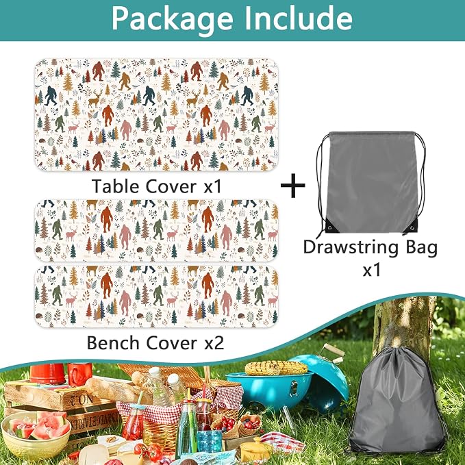 Picnic Table Cover with Bench Covers and Bag, Camping Essentials, Bigfoot Forest Animals Waterproof Fitted Camping Tablecloths with Elastic Edges for Indoor, Outdoor & Garden, 3 Pcs Set 30x96 Inch