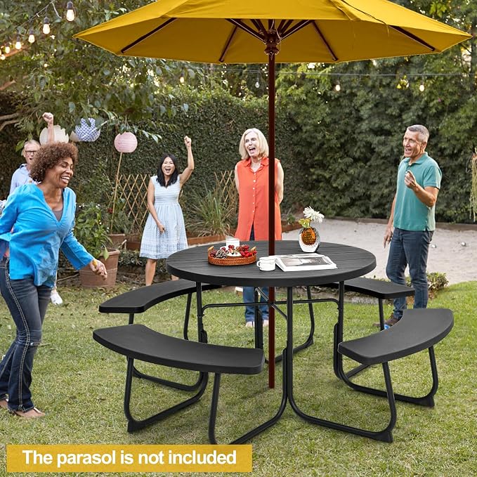 Tangkula 8 Person Picnic Table, Outdoor Round Picnic Table with 4 Built-in Benches, Umbrella Hole, Metal Frame & HDPE Tabletop, Outside Table and Bench Set for Backyard, 2300lbs Weight Capacity