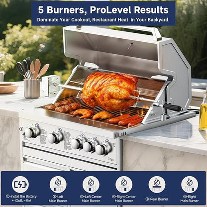 BODEGA Gas Grill Built-In Head, 30-Inch 5-Burner Propane Grill, LP Gas & Natural Gas Convertible, Heavy Duty 304 Stainless Steel 58000-BTUs BBQ Island Kitchen Gas Grill Outdoor Cooking.