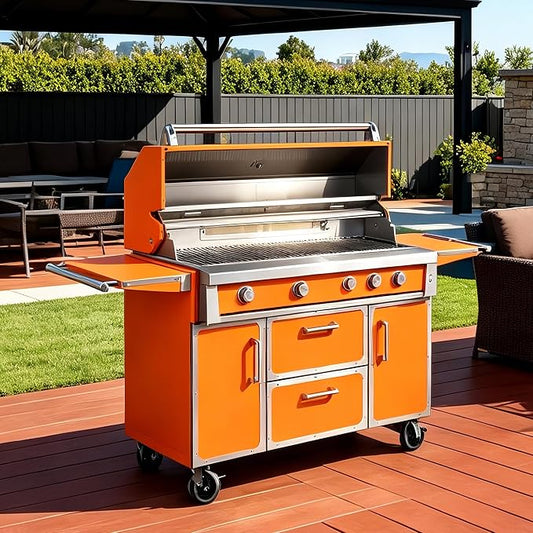 49" Orange Stainless Steel Grill, 4 Burners & Infrared Burner, Natural Gas | 99,000 BTU dual-lined hood easy ignition warming rack versatile cooking space storage drawers gliding wheels