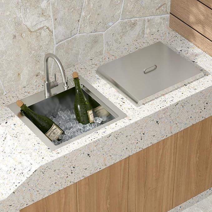 23 Inch Outdoor Kitchen Sink with Faucet - Drop In Workstation 16 Gauge T-304 Stainless Steel Single Bowl Topmount Outdoor Sink with Stainless Steel Dust-Proof Cover #TLT-0064