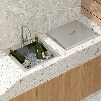 23 Inch Outdoor Kitchen Sink with Faucet - Drop In Workstation 16 Gauge T-304 Stainless Steel Single Bowl Topmount Outdoor Sink with Stainless Steel Dust-Proof Cover #TLT-0064