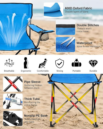 HaSteeL 2PCS Camping Chairs with Detachable Umbrella, Folding Beach Chair for Adults, Large Portable Foldable Chair for Outdoors Fishing Hiking Travel Picnic Lawn, Supports 275lbs, Storage Bags, Blue
