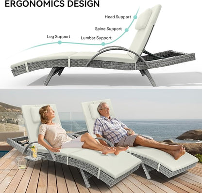 YITAHOME Wicker Chaise Lounge Outdoor, Rattan Pool Lounge Chair Reclining Chaise Lounge Set of 4 w/Pull-Out Desktop, 5-Position Backrest, Headrest & Cushion, Armrests for Poolside, Beach(Beige)