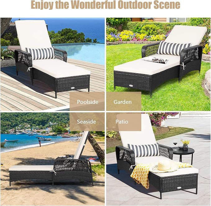 HAPPYGRILL Patio Chaise Lounge Chair Outdoor Rattan Wicker Recliner with Thick Cushion, Lumbar Pillow, Adjustable Backrest for Garden Porch Lawn Poolside