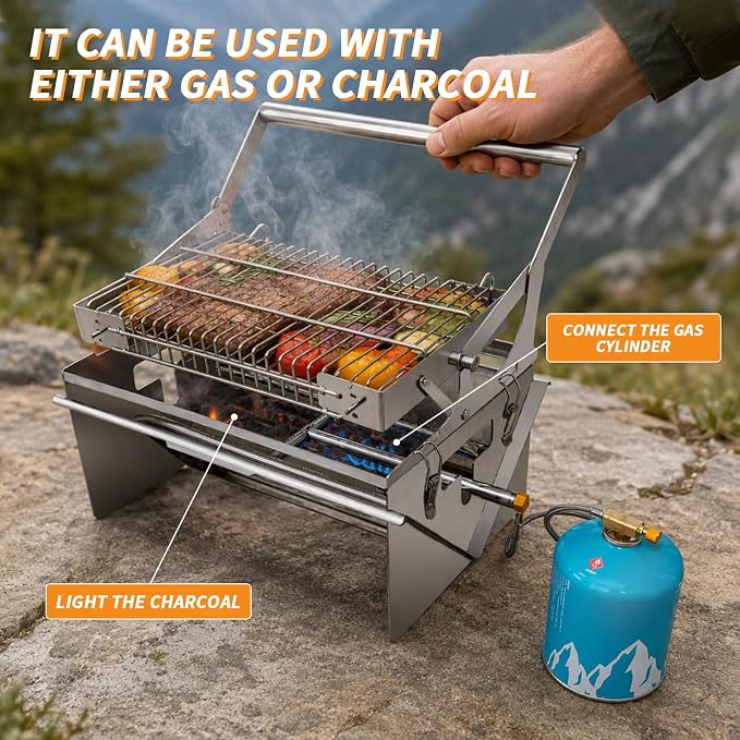 3-in-1 Gas Portable Barbecue Grill, 360° Rotatable Charcoal Grill, Flipping Stainless Steel Detachable Grill with Carry Bag, Dual-Use Grill & Fire Pit for Camping, Tailgating and Outdoor Cooking