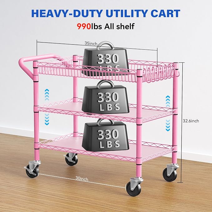 YNN Pink Rolling Cart, 990Lbs 3 Tier Heavy Duty Metal Cart with Wheels & Handle NSF Wheeled Cart 31" D x 18" W x 33" H for Bedroom, Bathroom, Kitchen,Garden,Decor,Serving