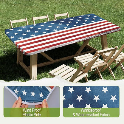 Irisbell Picnic Table Cover with Elastic Edge,6FT Wind Proof Wrinkleproof Fitted Tablecloth Cover Camping Beach Patio Rectangle Table Cloth for Indoor Outdoor (American Flag-1, 30'' x 72'')