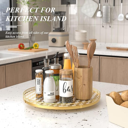 Gold and White Checkerboard Lazy Susan with Rubberwood Base and Metal Rail | Smooth rotating oak tray with walnut finish for dining tables, kitchen counters, pantries and cabinet storage.