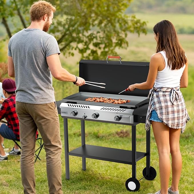 Veralune 3 Burner Propane Stove with Auto Ignition, 225,000 BTU Gas Griddle with Storage Shelf, Rolling Wheels, Portable Outdoor Cooking Stove for Patio Home Cooking and Frying