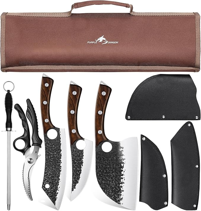 Purple Dragon Butcher Knife Set - 9 Pcs Chef Knife Set - Hand Forged Serbian Chef Knives - Meat Cleaver Boning Viking Knives with Roll Bag - Gift for Men and Women