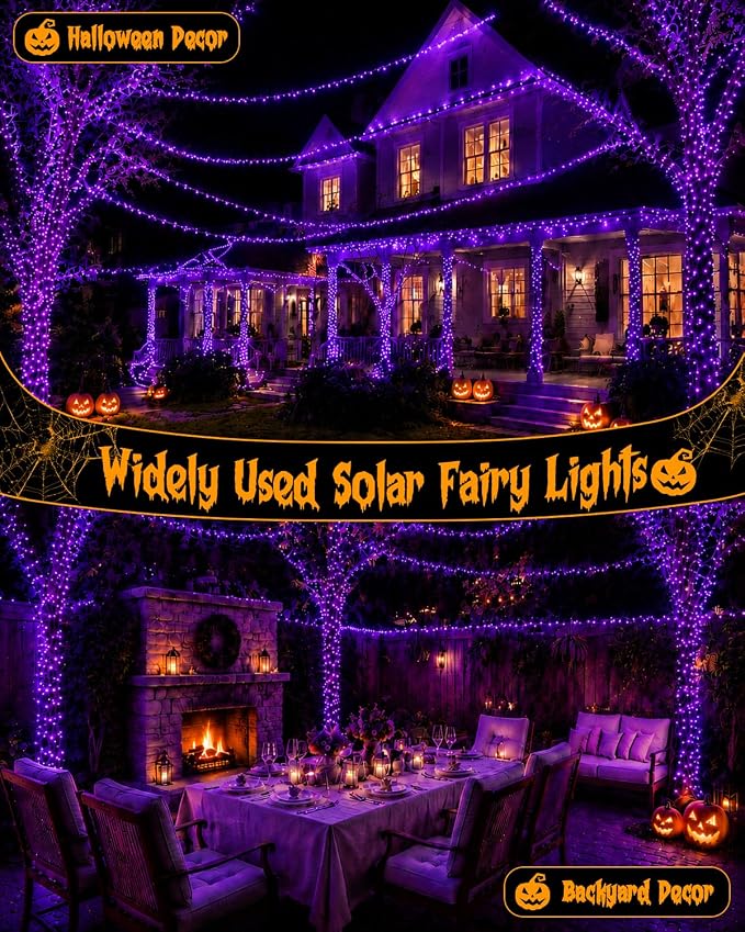 Solar Halloween String Lights Outdoor 2Pack 80FT 200LED Purple Fairy Lights | 8 lighting Modes, Auto On/Off, IP65 Waterproof, Copper Wire Twinkle Lights for Garden Tree Patio Halloween Decorations