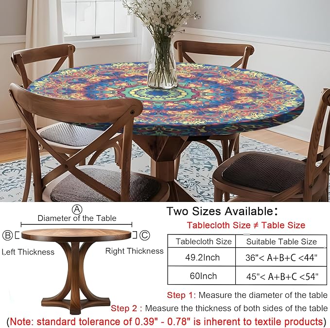 opstellen Round Tablecloth Waterproof Boho Fitted Vinyl Table Cloth Summer Fall Outdoor Circle Cover for 36-44" Tables Kitchen Dining Apartment Essentials Camping Picnic Party Decor Housewarming Gifts
