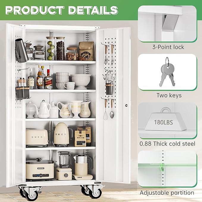 INTERGREAT Rolling Metal Cabinet with Wheels,72" Locking Storage Cabinet with Adjustable Shelves,Large Capacity Pulley Cabinets for Home Office,School,Garage(White)