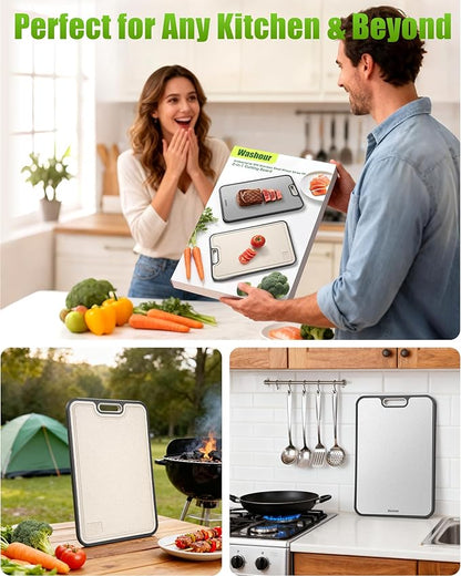 Stainless Steel Cutting Boards for Kitchen, Non Toxic 2-in-1 Cutting Board Double Sided, Food Grade Chopping Boards for Fresh Meat Vegetable, Easy to Clean Large Size 16”×11”