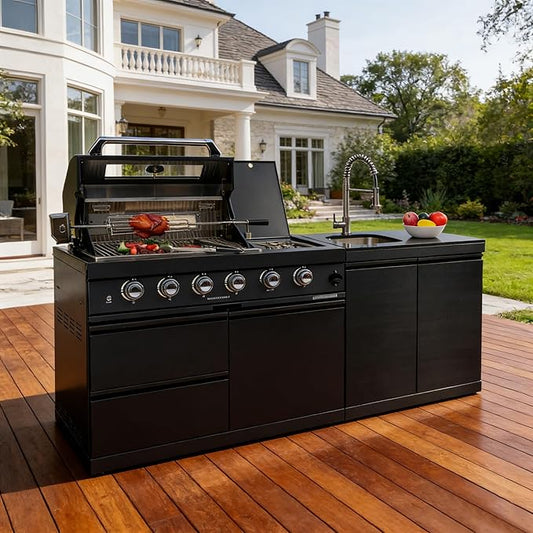 79" Modular Outdoor Kitchen Island with Grill and Side Burner, 4-Burner 72,000 BTU Propane BBQ Island, Integrated Sink & Prep Countertop, Rotisserie, for Backyard and Patio Cooking, Black