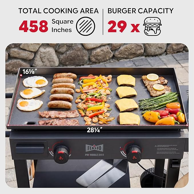 FEASTO 28" 2-Burner Propane Gas Griddle, 30,000 BTU, 458 Sq. In., Black | Outdoor Heavy-Duty Flat Top Grill with Front Grease Cup, Side Table & Wheels for Camping, Tailgating & Backyard