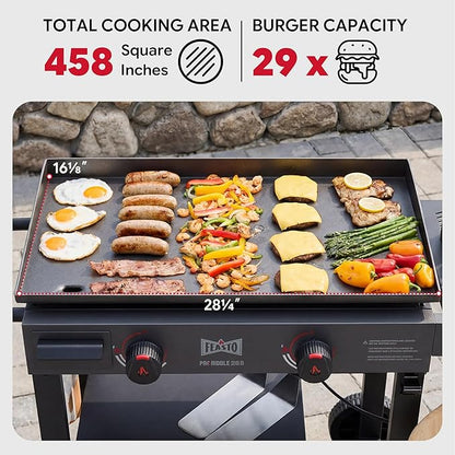 FEASTO 28" 2-Burner Propane Gas Griddle, 30,000 BTU, 458 Sq. In., Black | Outdoor Heavy-Duty Flat Top Grill with Front Grease Cup, Side Table & Wheels for Camping, Tailgating & Backyard