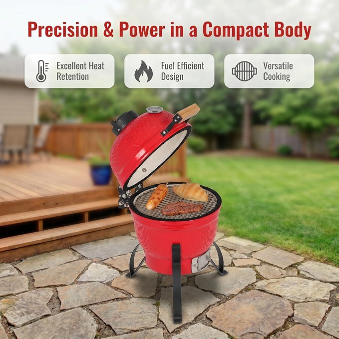 Ceramic Charcoal Grill, 13 Inch Kamado BBQ Grill for Outdoor Cooking, Heavy Duty Ceramic Smoker and Roaster with Superior Heat Retention, Fuel Efficient Outdoor Grill, Orange