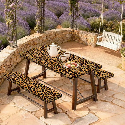 Leopard Print Picnic Table Cover with Bench Covers Set, Waterproof Elastic Fitted Tablecloth for Outdoor Picnic Tables, Durable Vinyl Animal Print Table Cover for Camping, BBQs, and Patio Parties