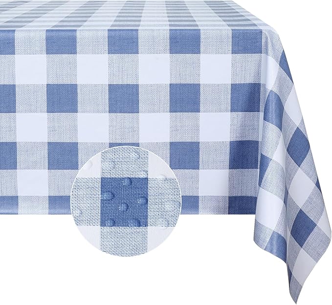Romanstile Gingham Rectangle Plastic Tablecloth, 100% Waterproof Checkered PVC Table Cloth, Heavy Duty Vinyl Table Cover for Dining, Camping, Picnic, Outdoor - 52 x 70 Inch, Light Blue and White