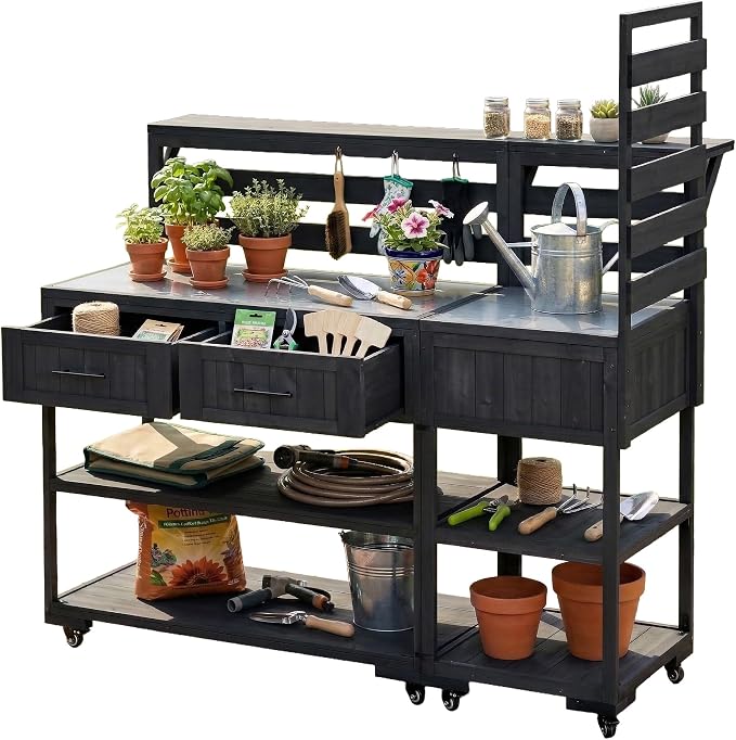 62 Inch Patio Kitchen Island with Stainless Steel Top, Black | Black fir wood, stainless steel top, garden or patio, raised shelf, 2 drawers, lockable wheels, modular design, 62.3 in L