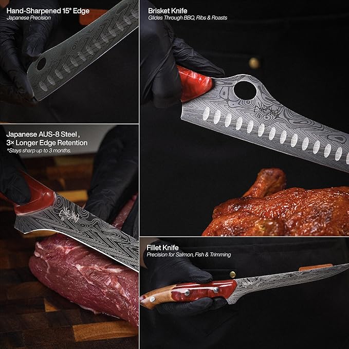 Jikko® SteelFang Edition – Japanese Brisket & Fillet Knife Set with Olive Wood & Red Epoxy Resin Handles | Premium Butcher & Carving Knives for Meat, BBQ & Fish – Ultra Sharp Stainless Steel Blades