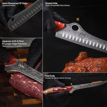 Jikko® SteelFang Edition – Japanese Brisket & Fillet Knife Set with Olive Wood & Red Epoxy Resin Handles | Premium Butcher & Carving Knives for Meat, BBQ & Fish – Ultra Sharp Stainless Steel Blades