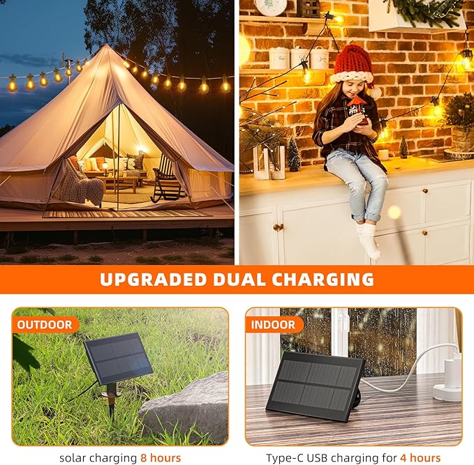 Kawaya 100FT Solar Outdoor String Lights, USB Charging & Solar Powered, IP65 Waterproof Shatterproof Edison Hanging LED Lights for Patio Garden Porch Fence Camping Party
