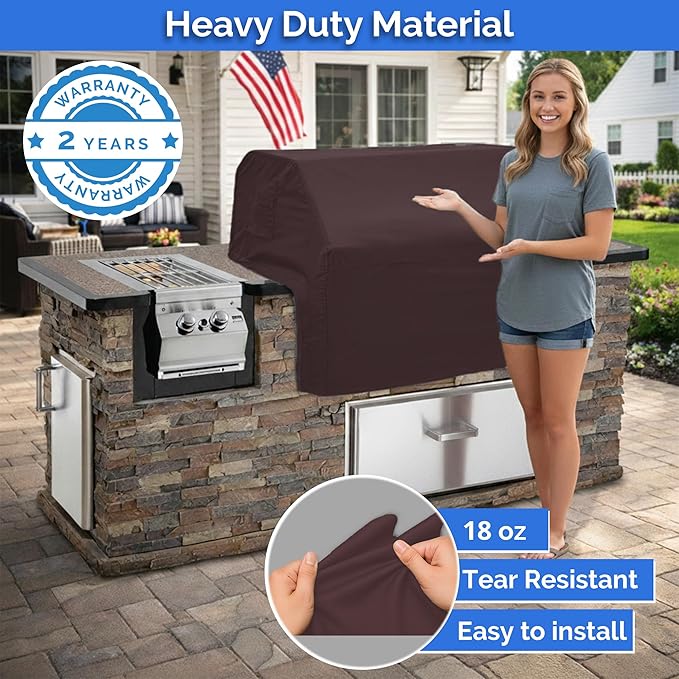 Covers & All Built-in Grill Cover for Outdoor Grill – Heavy Duty 18 oz Waterproof Built-in BBQ Grill Cover, PVC-Coated Polyester with Elastic Hem for Snug Fit (32 x 26 x 24 inches, Coffee)