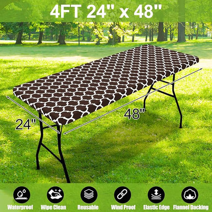 Smiry Picnic Fitted Table Cover, 4 Foot Flannel Backed Vinyl Tablecloth | Waterproof Elastic Stretch Table Cloth, Wipeable Plastic Tablecloth for Camping, Indoor & Outdoor (Coffee, 24" x 48")