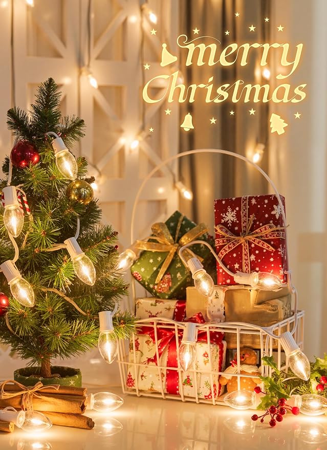 Vintage C9 Christmas Lights Outdoor, 25FT 25 LED String Lights Warm White | Waterproof Connectable Christmas Tree Lights for House, Roofline, Indoor Outside, Garden Patio Decor, White Wire