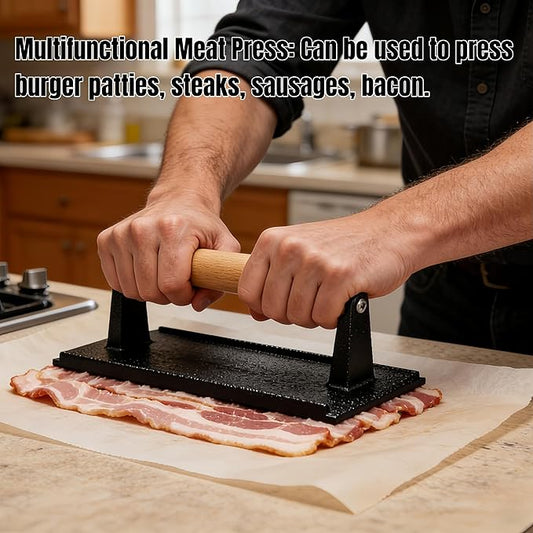 Cast Iron Smashed Burger Press,8.3" Rectangular Grill Press with Wooden Handle,Heavy-Duty Flat Edge Burger Tool for Crispy Smash Burgers,BBQ & Griddle Accessories (Rectangular)
