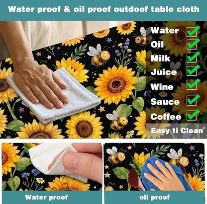 Sunflower Bee Picnic Table Cover with Bench Covers and Bag | Camping Essentials, Waterproof Windproof Camping Tablecloth with Elastic Edges, Fitted Rectangle Tables and Seats, 30x96 Inch