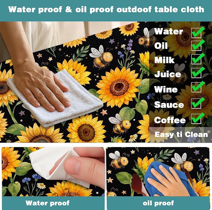 Sunflower Bee Picnic Table Cover with Bench Covers and Bag | Camping Essentials, Waterproof Windproof Camping Tablecloth with Elastic Edges, Fitted Rectangle Tables and Seats, 30x60 Inch
