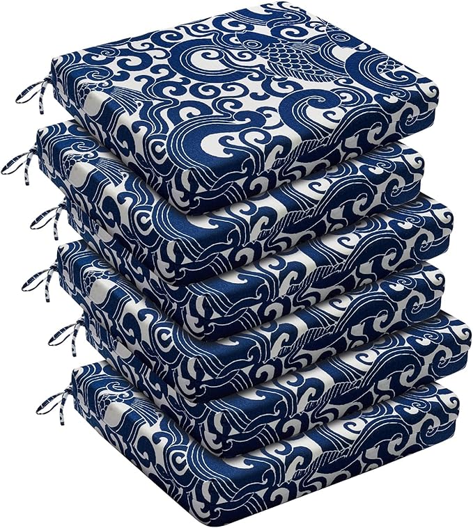 downluxe Outdoor Chair Cushions Set of 6 for Patio Furniture, Water-Resistant Square Corner Patio Chair Cushions with Ties, High Density Foam Outdoor Seat Cushion, 18.5" X 16" X 3", Blue Carp