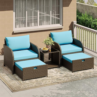 Garvee 5-Piece Outdoor Patio Conversation Set with Hidden Ottomans | PE Rattan Wicker Patio Furniture with Soft Cushions & Glass Coffee Table, Outdoor Lounge Chairs for Porch, Backyard (Blue)