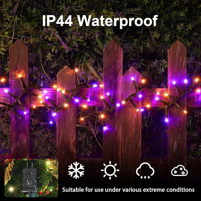 Purple Orange Halloween String Lights Outdoor, 46FT 500LED Twinkle Fairy Lights, 16 Modes Plug in Waterproof Cluster Lights for Bedroom Indoor Outdoor Halloween Decorations