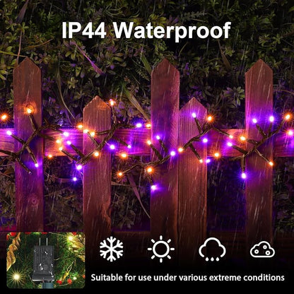 Purple Orange Halloween String Lights Outdoor, 46FT 500LED Twinkle Fairy Lights, 16 Modes Plug in Waterproof Cluster Lights for Bedroom Indoor Outdoor Halloween Decorations