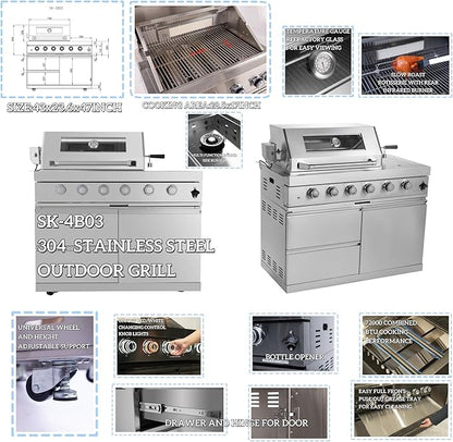 46-Inch Modular 4-Burner Stainless Steel Outdoor Kitchen Island with Rotisserie Grill, 72000 BTU Cooking Power, Multifunction Side Burner, Adjustable Grease Tray, Refrigerator,2 Drawers,Sink (Silver)