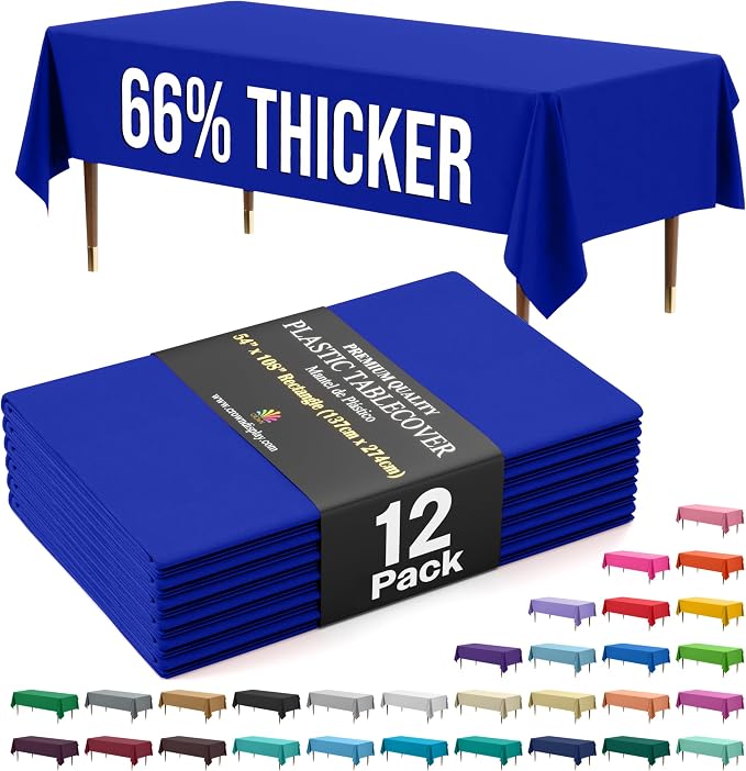 Exquisite 66% Thicker Premium Plastic Table Cloth Rectangle Table Cover 0.5 Mil 12 Pack Dark Blue Table Cloth 54 Inch x 108 Inch Disposable Tablecloth Won't Tear Easily Like Cheap Thin Brands