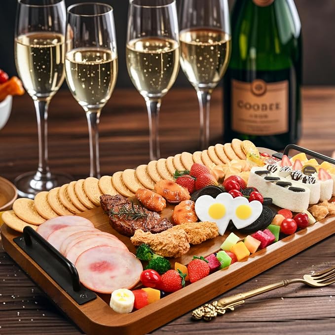 Large Wooden Charcuterie Board with Handles Long BBQ Serving Tray Platters | Rectangular Meat Cutting Board with Juice Grooves for Party Appetizers,Home & Outdoor Housewarming Gift 23.6x11.8x1.1”