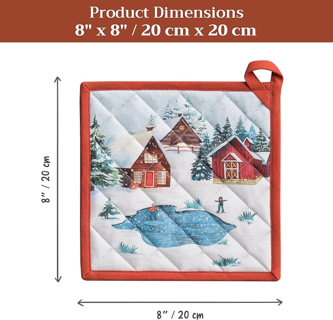 Maison d' Hermine Pot Holders 100% Cotton Potholders (8" x 8", Pack of 1) | Heat Resistant Hot Pads with Loop BBQ Cooking Baking Hotel Kitchen Handling Hot Pans Thanksgiving Christmas - Megeve
