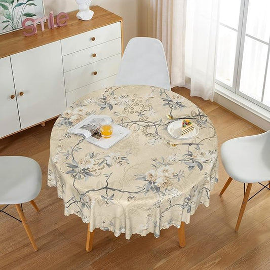 Chic Flower Round Tablecloths 70x70 Inch Elegant Wild Flowers Vintage Seasonal Circle Table Cover for Party Picnic Dinner Boho Waterproof Oblong Polyester Tablecloth for Spring Home Decor