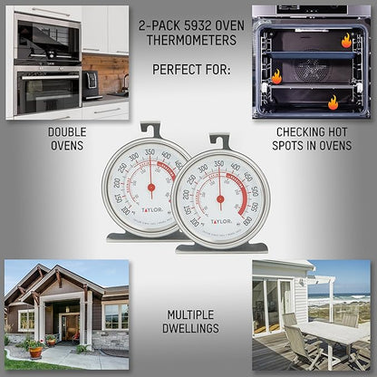 Taylor 5932 Large Dial Oven Thermometer 2 Pack, 3.25 Inch Stainless Steel Kitchen Cooking Thermometer for Oven, BBQ, Grill, Roasting, High Heat Resistance, Silver